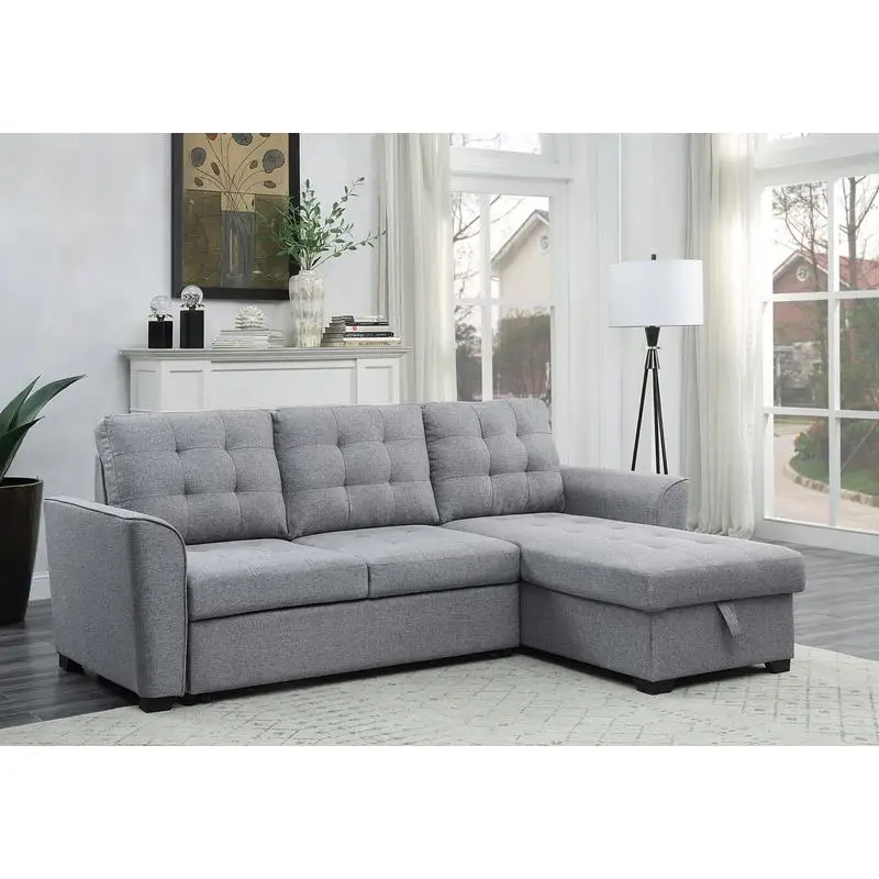 90.5" Light Gray Linen Sleeper Sectional Sofa with Reversible Storage Chaise for Living Room