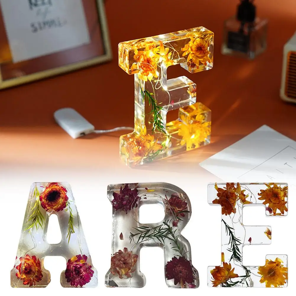 Lámpara de resina decorativa con letra inicial y flor seca, luz de mesa creativa, adornos brillantes, letras nocturnas