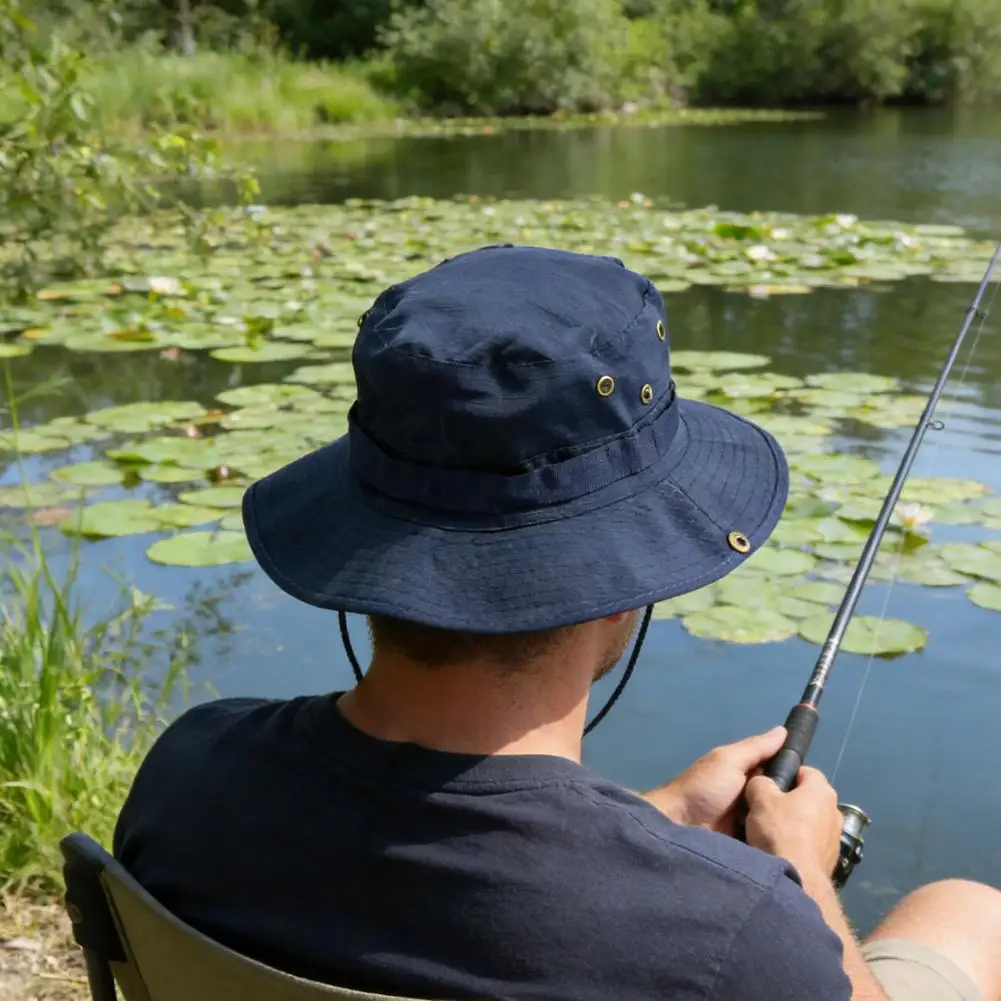 Fisherman Hat Wide Brim Quick-Drying Mesh Sun Protection Basin Hat Drawstring Travel Jungle Exploration Hat Men Fishing Cap