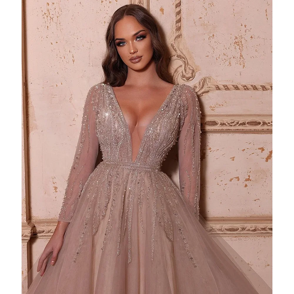 

2024Long Tulle Prom Dresses Long Sleeves V-Neck Crystal Sequined Beading A-Line Evening Dress Wedding Party Gown