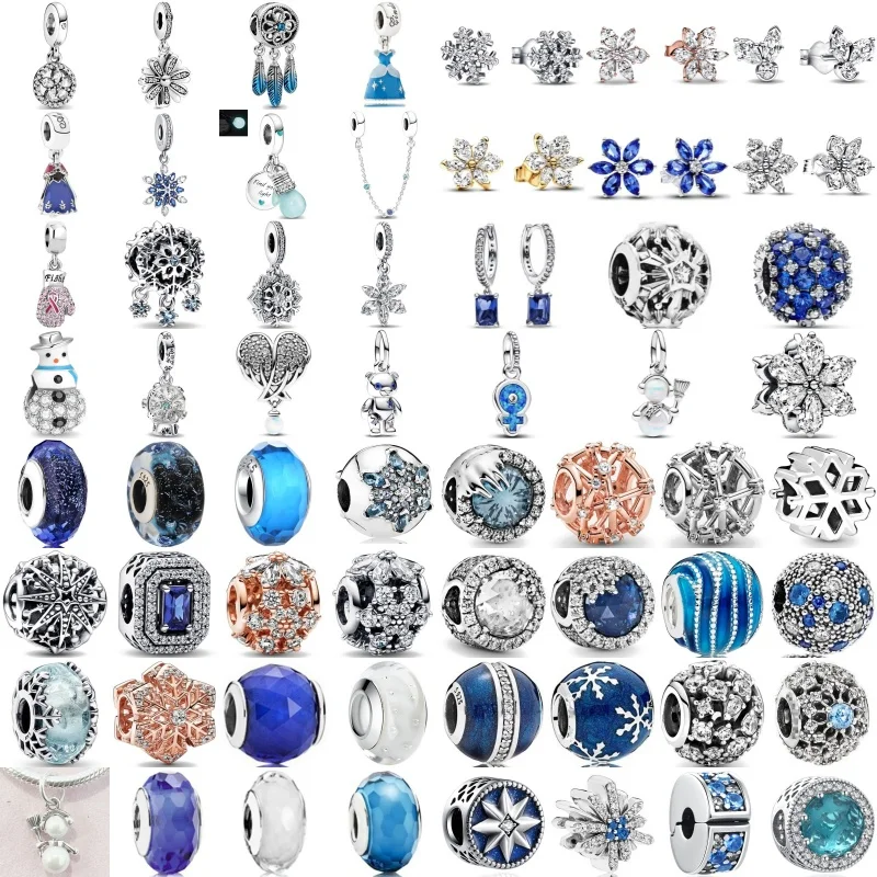 DIY 2024 New Winter White Blue Snowflake Dress Bead For Original 925 Sterling Silver Plated Bracelet Necklace For Women Jewelry