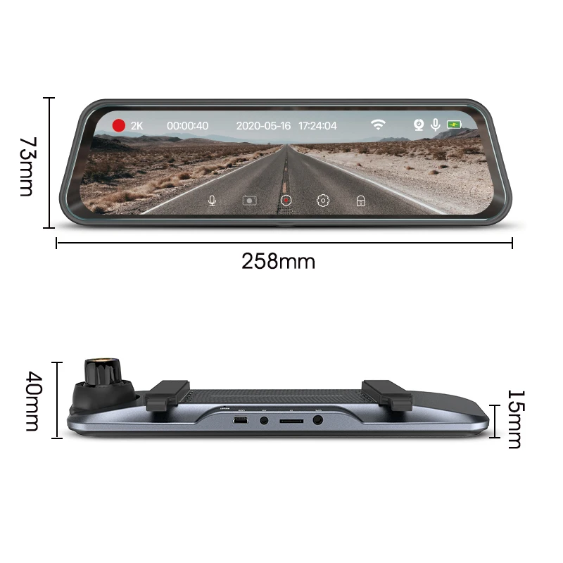 2K High Resolution 9.66 Inch Mirror    with Dual Lens Dash   Records Front 2160p and Rear 1080p