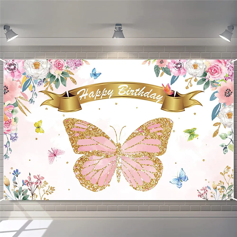 Vinyl 7x5ft Customizable Butterfly Floral Birthday Party Backdrop Pink Photography Background Table Banner Wall Decor for Girl's