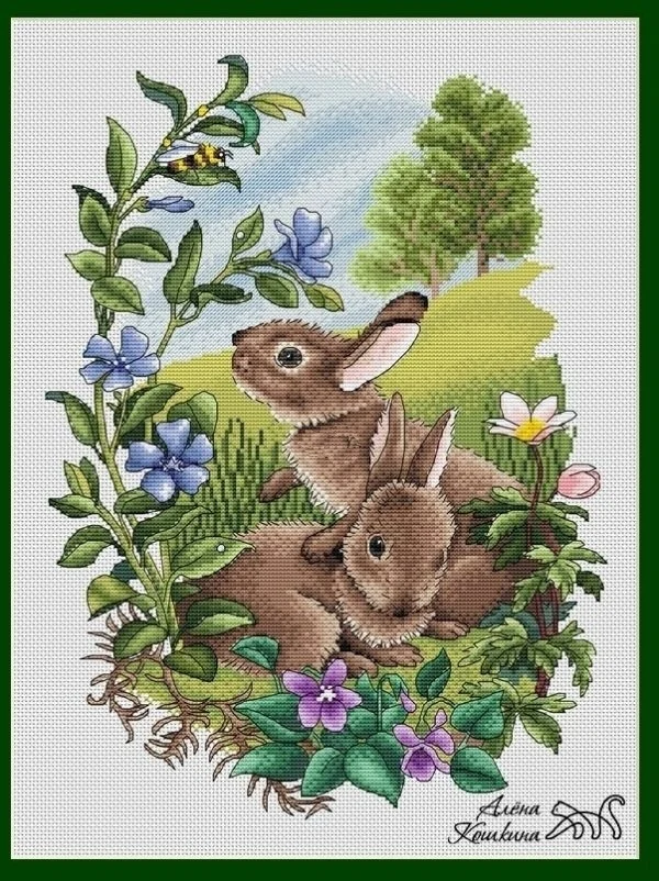 two little gray rabbits in the grass 37-46 DIY Cross Stitch Kit Aida 14CT 14CT Canvas Fabric Embroidery Set Living Room Decor