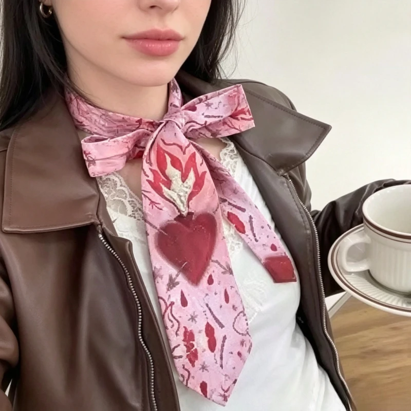 Y2K Vintage Gradient Pink Heart Flame Tie for Women Romantic Neck Scarf Lightweight Daily Fashion Accessory Unique Neck Tie Gift