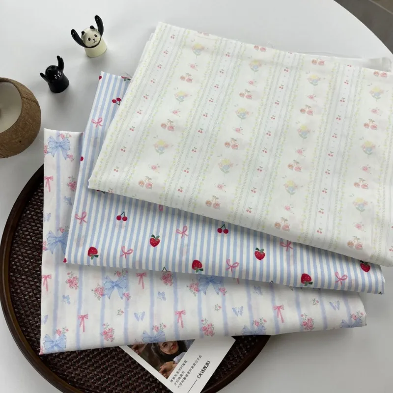 0.5m Pure Cotton Floral Stripe Fabric Cherry Bowknot Print Cloth For Doll Clothes Pillow Tablecloth DIY Handmade Sewing Material view 6