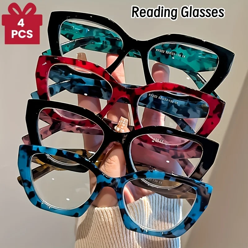 Lunettes optiques œil de chat pour femmes, 4 pièces/ensemble, lunettes de lecture, lunettes de lecture pour hypermétropie, lunettes d'ordinateur anti-lumière bleue