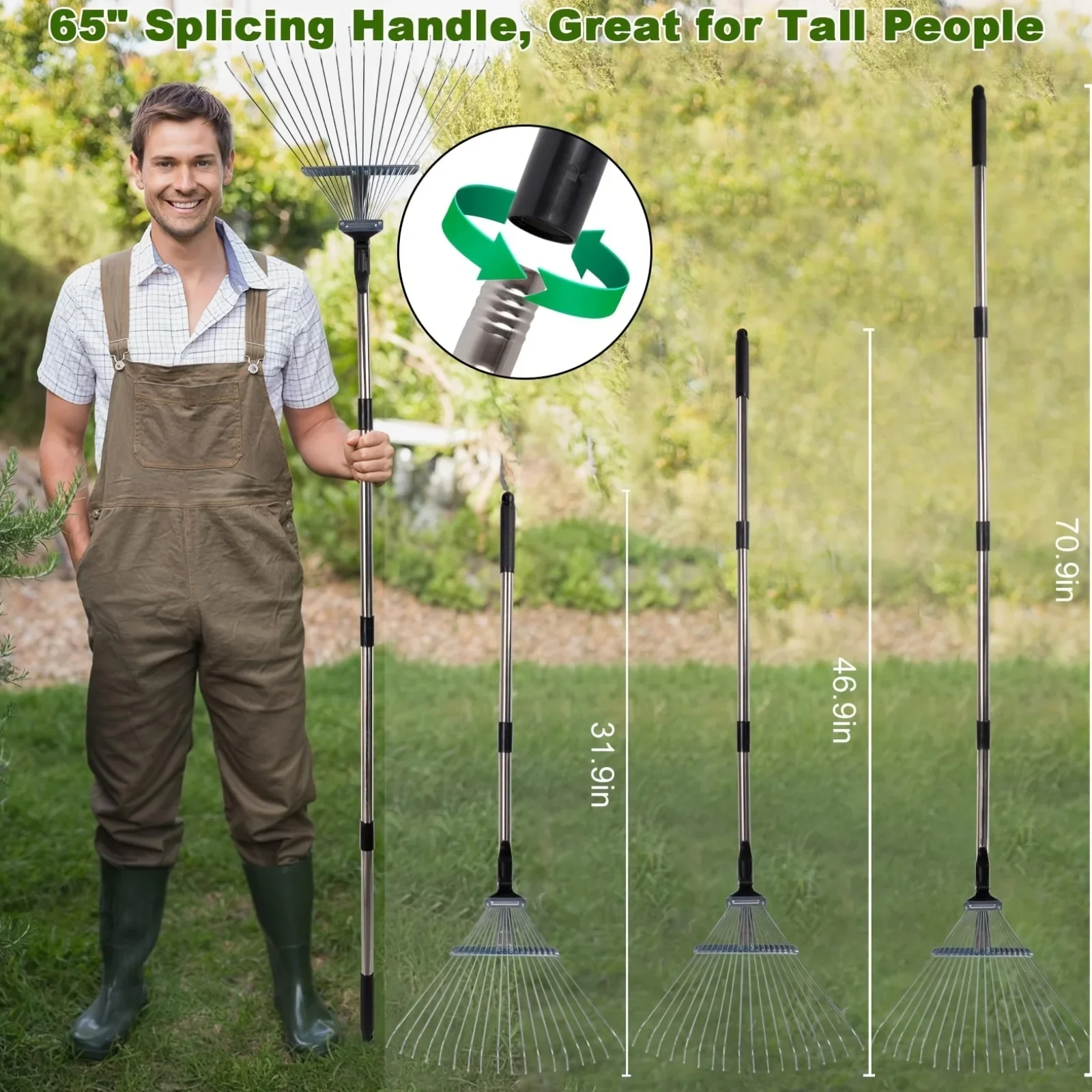 ChezMax Leaf Collector Garden Rake Set - Adjustable 18 tooth blade rake with upper blade picker and 72 gallon lawn garbage bag,