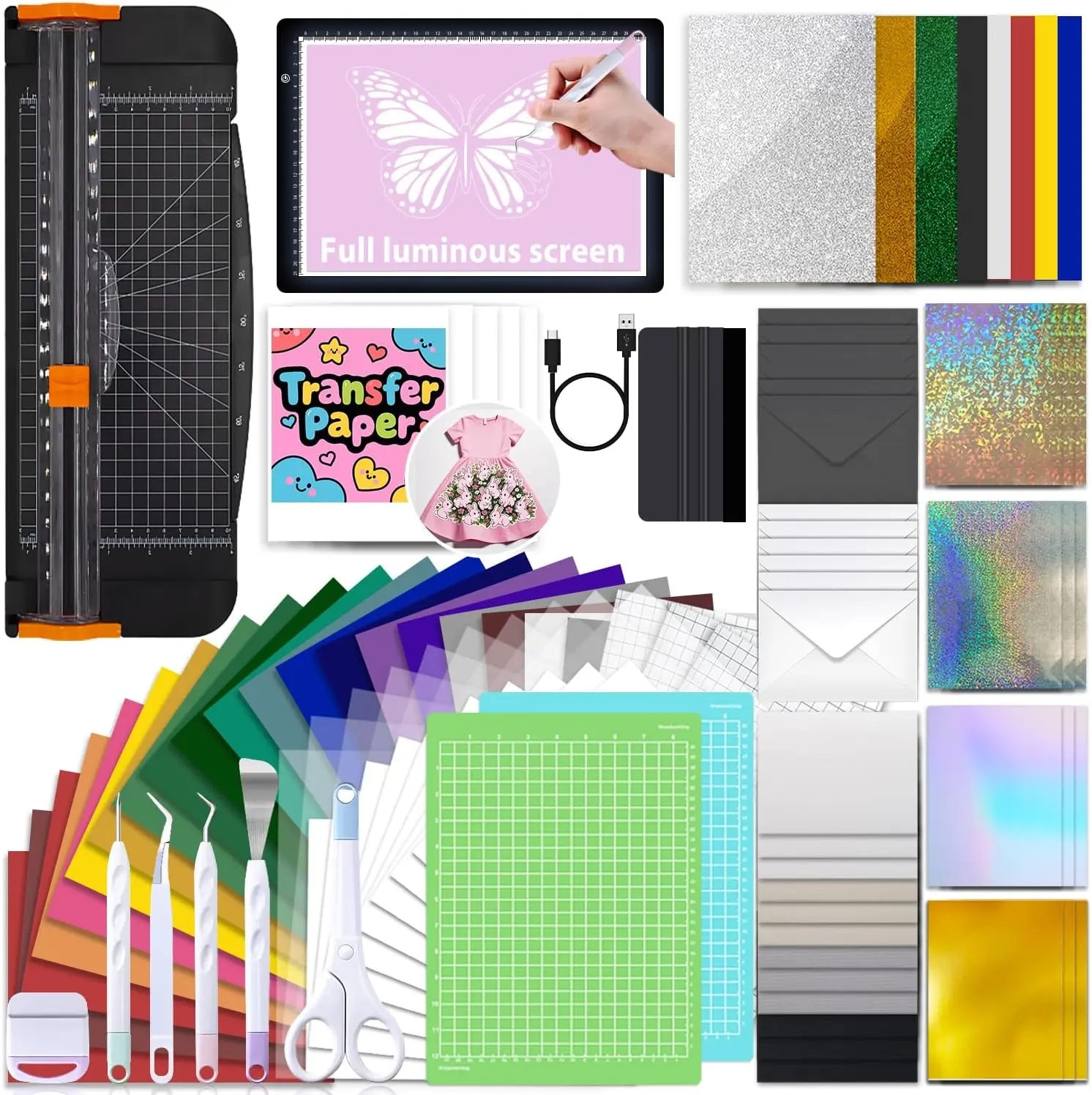 

Xtra-103Pcs Crafting Starter Kit with Weeding Tools, HTVs, Vinyl, Transfer Paper, LED Light Pad & Cutter