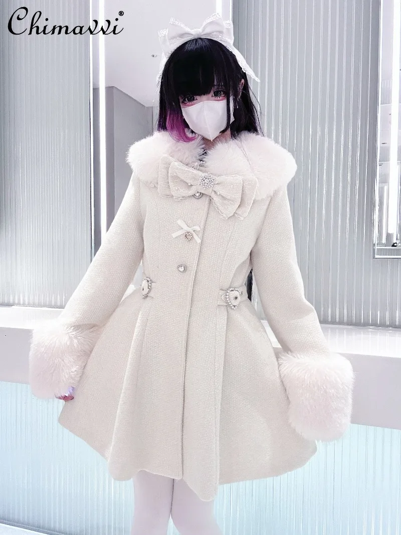 

Original Japanese Mass-Produced Lace Jackets Girls Women Cute Bow Waist Cinch Heavy Drill Button Slim Fit Elegant Black Coat