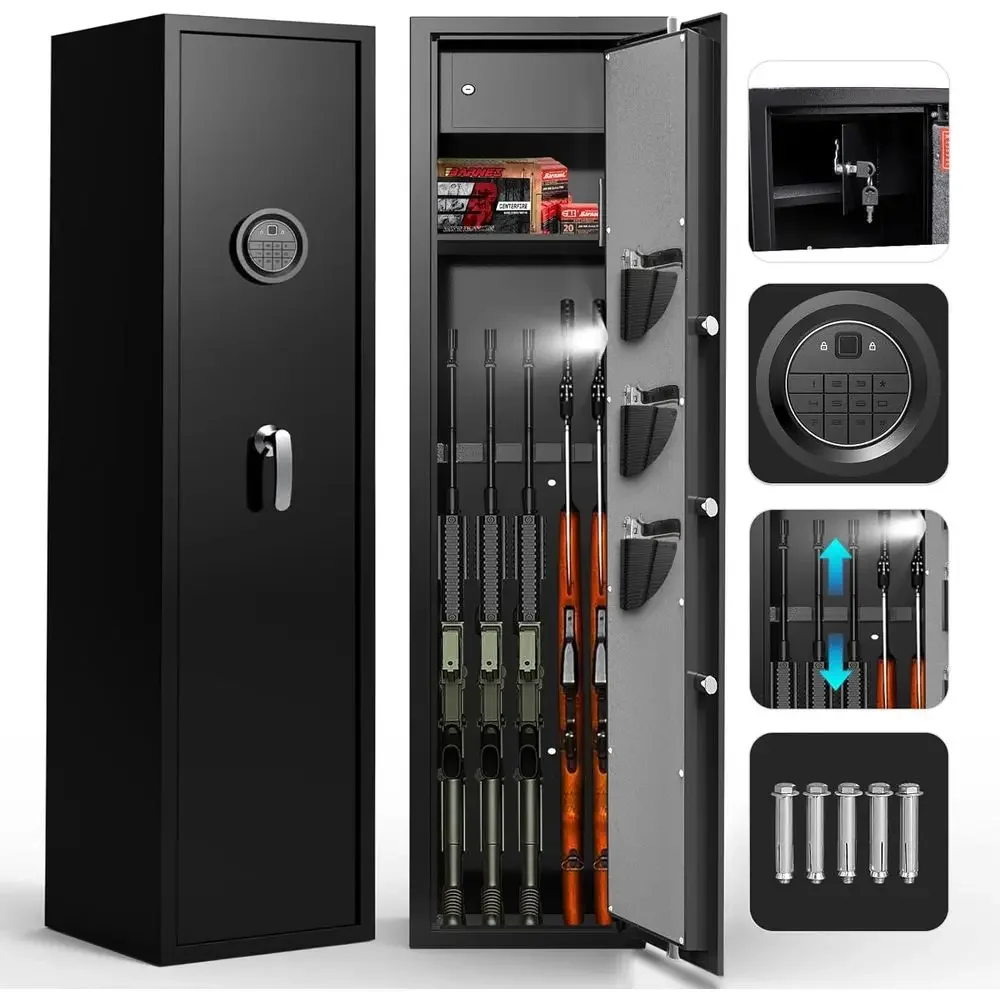 Biometric Safe with Extra Storage, Rifle and Pistol Security Cabinet, LED Shotgun Rack with Adjustable Shelves