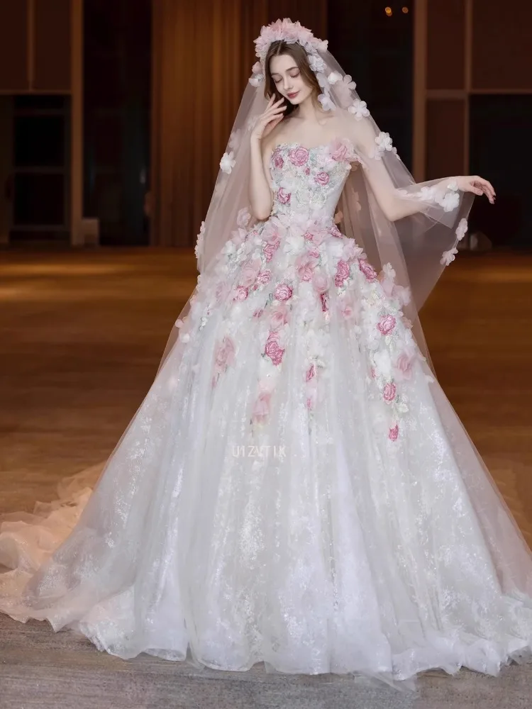 ชุดแต่งงานหรูหราแบบ 3 มิติ ชุดหมั้น ผ้าคลุมเจ้าสาว 2025 ใหม่ ทรงเกาะอก แบบเจ้าหญิงหวานๆ ชุดงาน Quinceanera ชุดราตรี