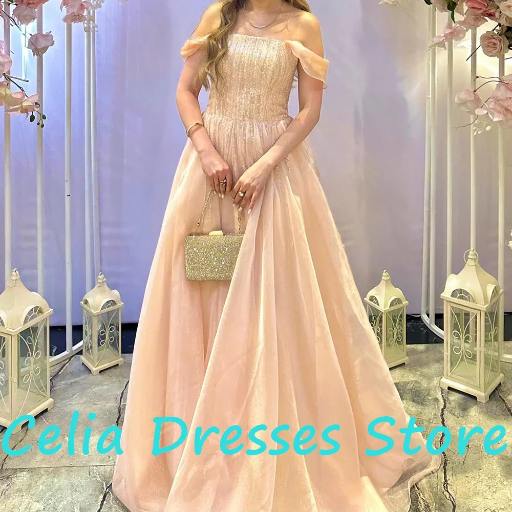 Robes de soirée élégantes personnalisées pour femmes, épaules dénudées, longueur au sol, droites, en Organza, traîne de balayage, plis, manches courtes, cristal Ex