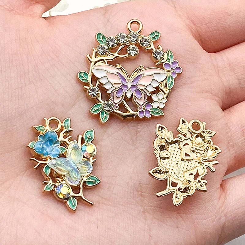 8pcs Crystal Butterfly Charm For Jewelry Making Enamel Necklace Earring Pendant Diy Accessories Alloy Metal Gold Plated