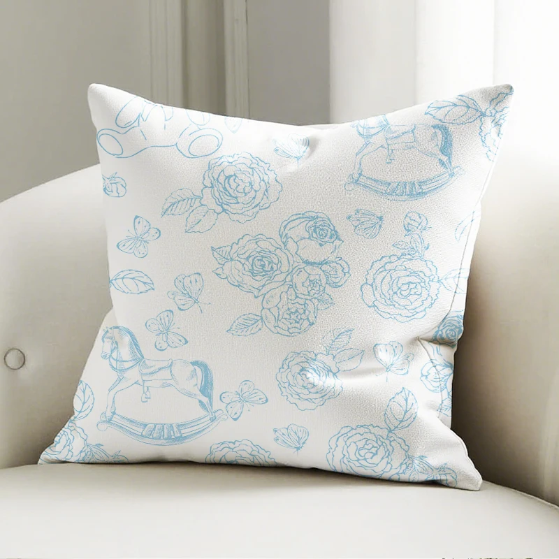 

Blue Carousel & Rose Pillow Cover, Cute Floral & Toy Print Cushion Case, Sofa Home Decor Accent Pillow