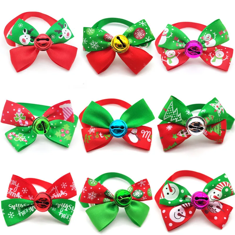 50pcs\100pcs Pet Supplies Grooming Dog Elastic Band Adjustable Pet Bow Tie Cat Dog Collar with Bell Accessory Christmas Series