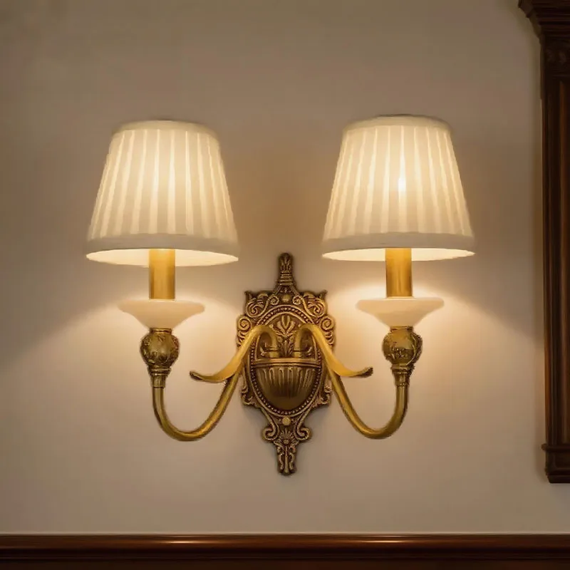 

European Modern Living Room Bedroom Bedside Lamp Creative aisle Staircase All Copper Jade Lamp Double Headed Cloth Wall Lamp