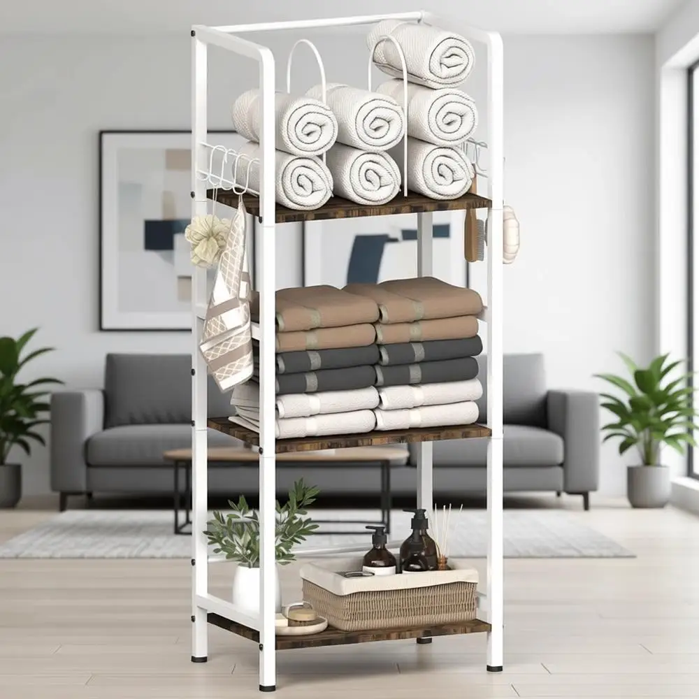 

3-Tier U-Shaped Detachable Dividers Towel Rack, 8 S-Hooks, Metal Storage Organizer for Home and Poolside, White