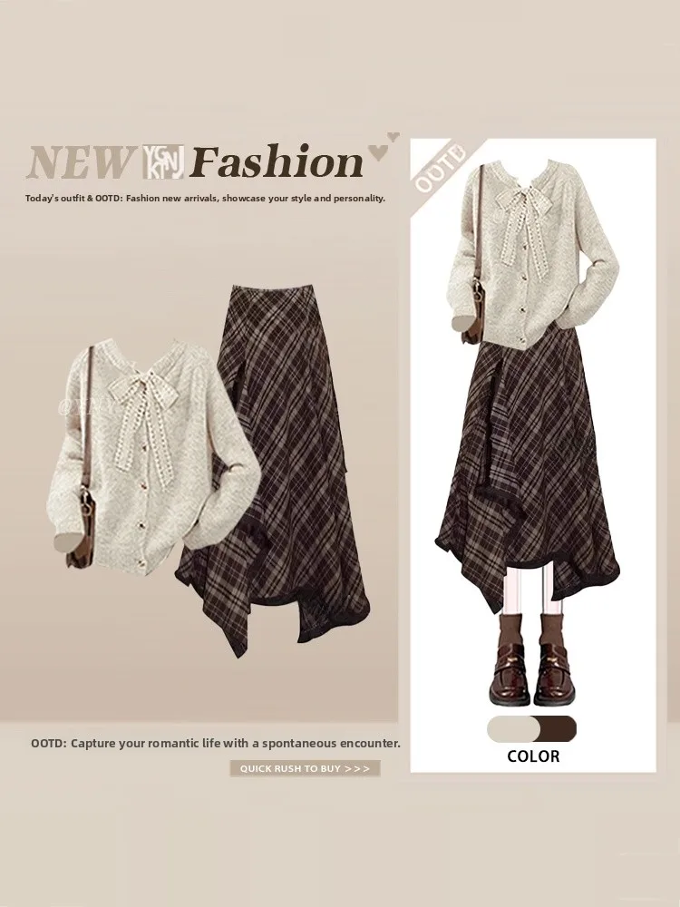 

Sweet Sle Women's Outfit Winter Lazy Sle Knot Open Cardigan Asymmetrical Plaid Skirt Two-Piece Set