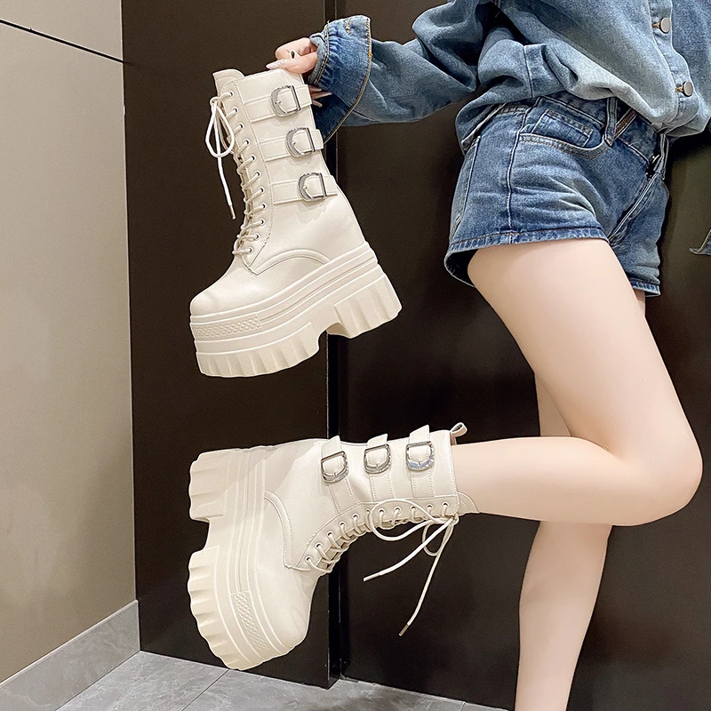 14CM Women High Platform Motorcycle Boots Gothic Leather Punk Boots Winter Warm Fur Snow Shoes Mid-calf Short Combat Boots Woman