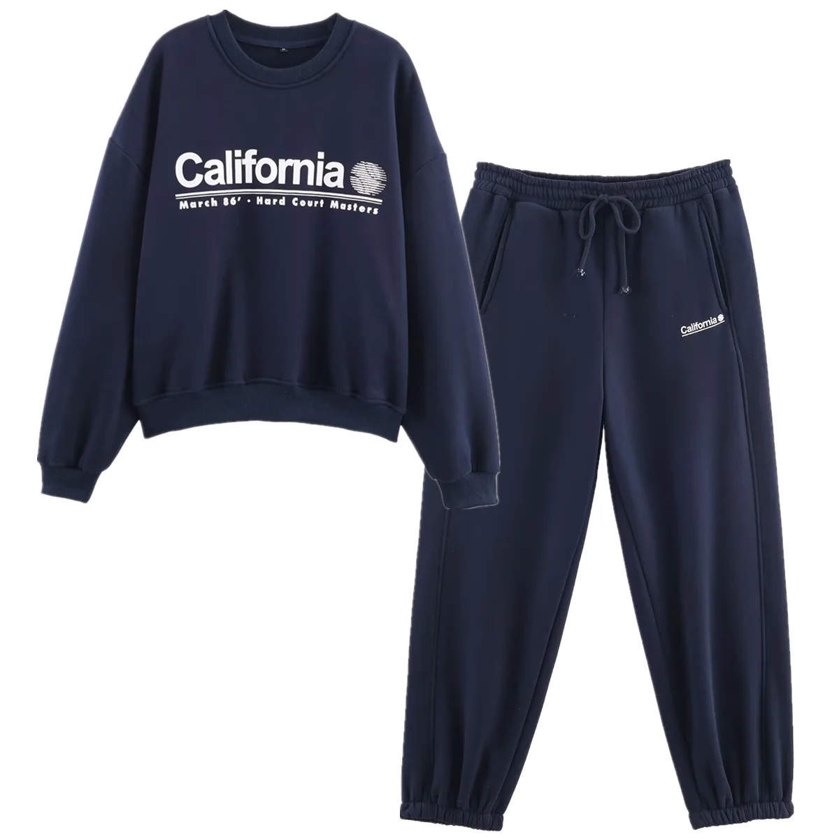 

Dave&Di American Vintage School Team Letter Print Navy Blue Round Neck Sweatshirt Harem Pants Set Woman Clothes Pant Sets Suit