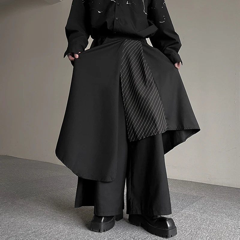 

k Sle Small ence Fake Two-Piece Striped Patchwork Wide Leg Skirt Pants Men's And Women's Asymmetrical Loose Nine-Pie...