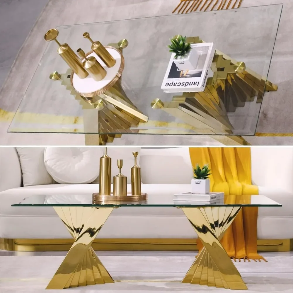 Coffee Table, 50" Clear Glass Living Room Rectangle Table with Gorgeous Gold Stainless Steel Base