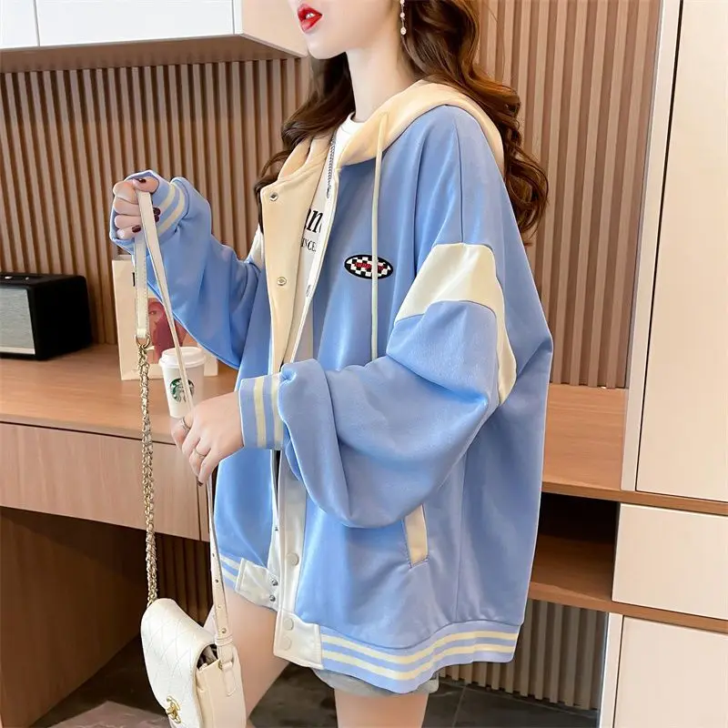 

Hooded Sweatshirts Casual Women's Clothing Office Lady Simplicity Pocket Patchwork Buttons Lacing Drawstring Long Sleeve Jackets