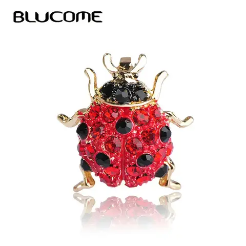 Blucome Small Full Red Crystals Ladybug Brooches For Kids Girls Shirt Gold-color Insect Beetles Brooch Scarf Corsa