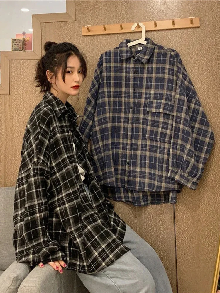 

Thick Women Shirts Oversize Casual Button Up Loose Shirt Vintage Plaid Pocket Long Sleeve Fall Black Female Tops New