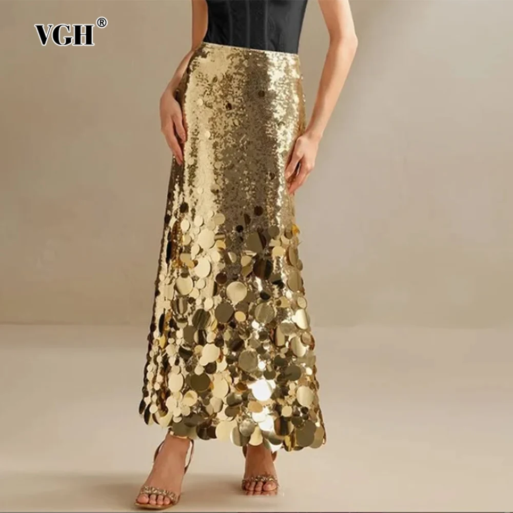 

VGH Gorgeous Solid Sequins Slimming Skirts For Women High Waist Spliced Zipper Spring Temperament Skirt Female Fashion Style New