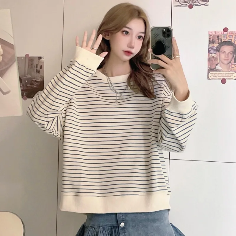 Damen Herbst Aprikosenfarben Gestreiftes Neues T-Shirt Mädchen Studenten Koreanischer Stil Locker Sitzendes Oberteil Sweatshirt Rundhals Pullover Langarm T-Shirt – Detail 9