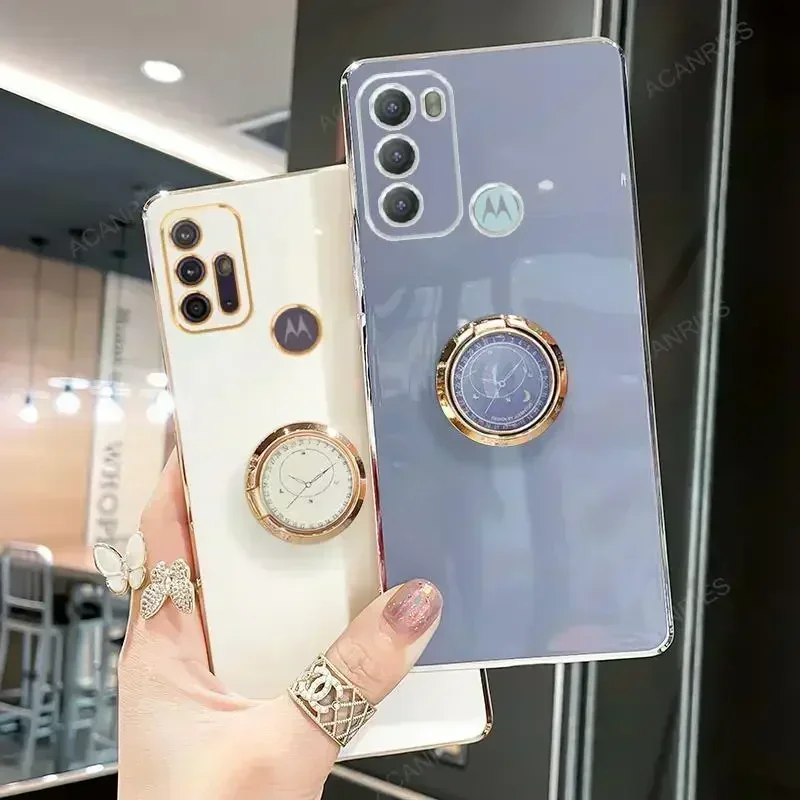 Plating Ring Holder Case For Motorola Moto G60 G30 G20 G10 G50 5G G22 G32 G52 G13 G23 G53 G73 Stand Silicone Cover