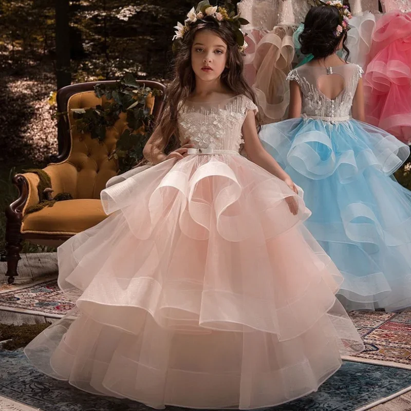 Abiti da ragazza di fiori con applicazioni bianche a strati gonfi in tulle rosa senza maniche per matrimoni, feste di compleanno, abiti da prima comunione