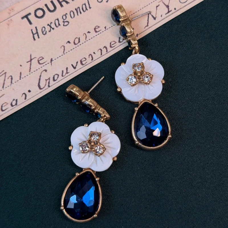 Vintage White Flower Crystal Blue Earrings Gold Color Luxury Brand High Quality Trendy Art Deco Jewelry Gift For Women Wedding