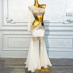 BellyDance Performance Costume Women Customized Light Luxury AB Stones Tassel Chiffon Set Oriental Dance Competition Clothing
