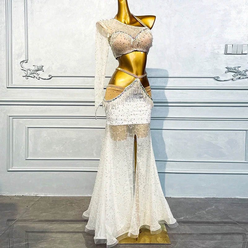 Kostium wydajnościowy BellyDance damski dostosowany lekki luksusowy AB kamienie frędzle szyfonowy zestaw odzież na konkurs tańca orientalnego