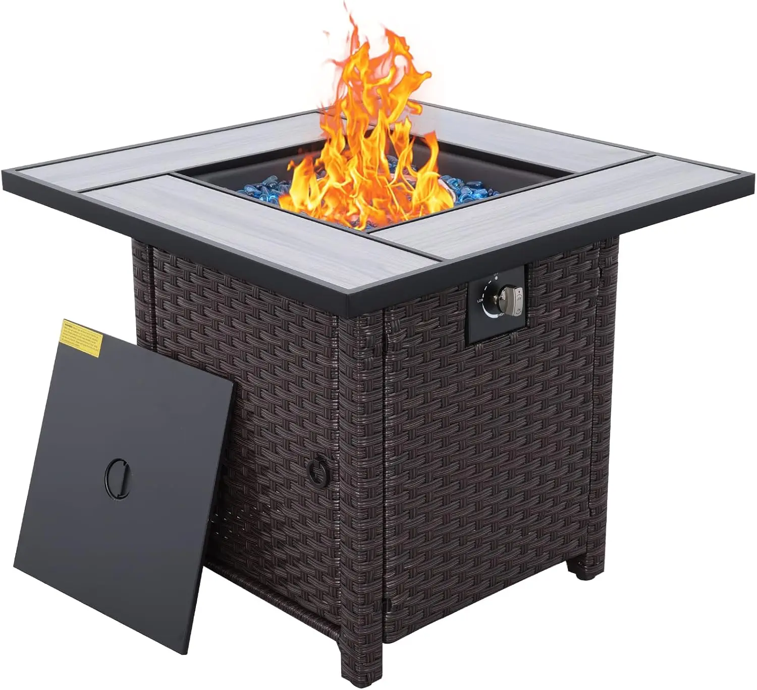 Outdoor Propane Fire Pit, 30 Inch PE Wicker Patio Firepit Table with Fire Glass for Outside Parties and Gatherings on Garden Bac