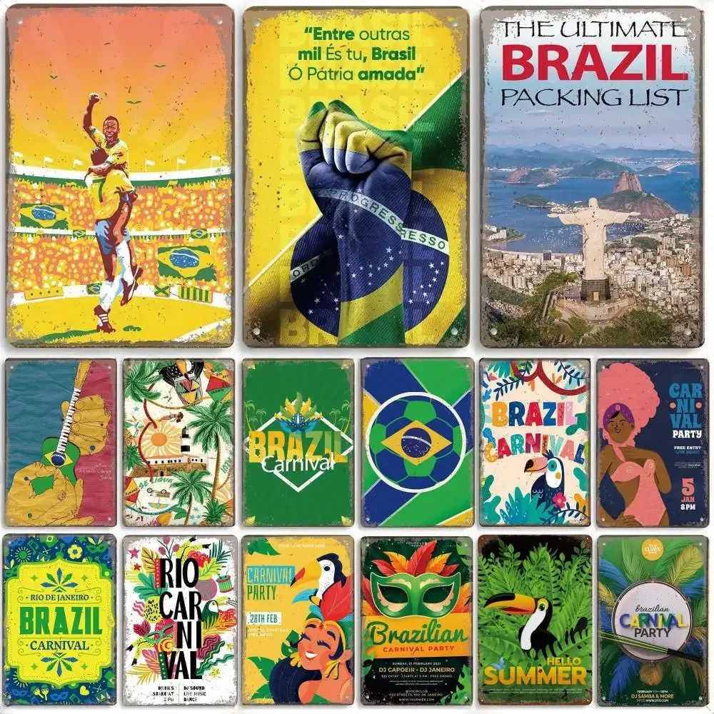 Vintage Brazil Travel Poster Country Flag Metal Tin Signs Retro Carnival Party Metal Plate For Club Home Bar Cafe ART Wall Decor