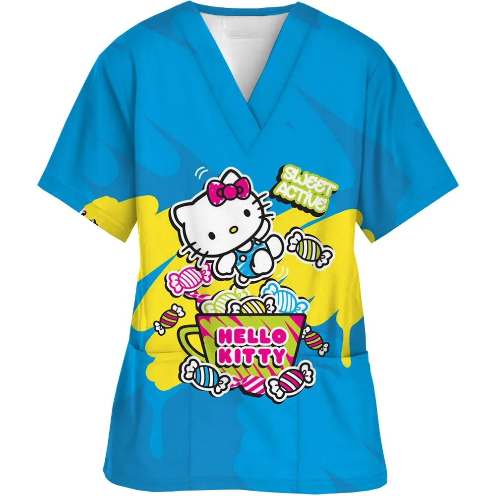 Kawaii Scollo A V Infermiera Uniforme Scrub Top Delle Donne Del Fumetto di Hello Kitty Carino Stampa Manica Corta Tasca Uniformi Infermieristiche Mediche