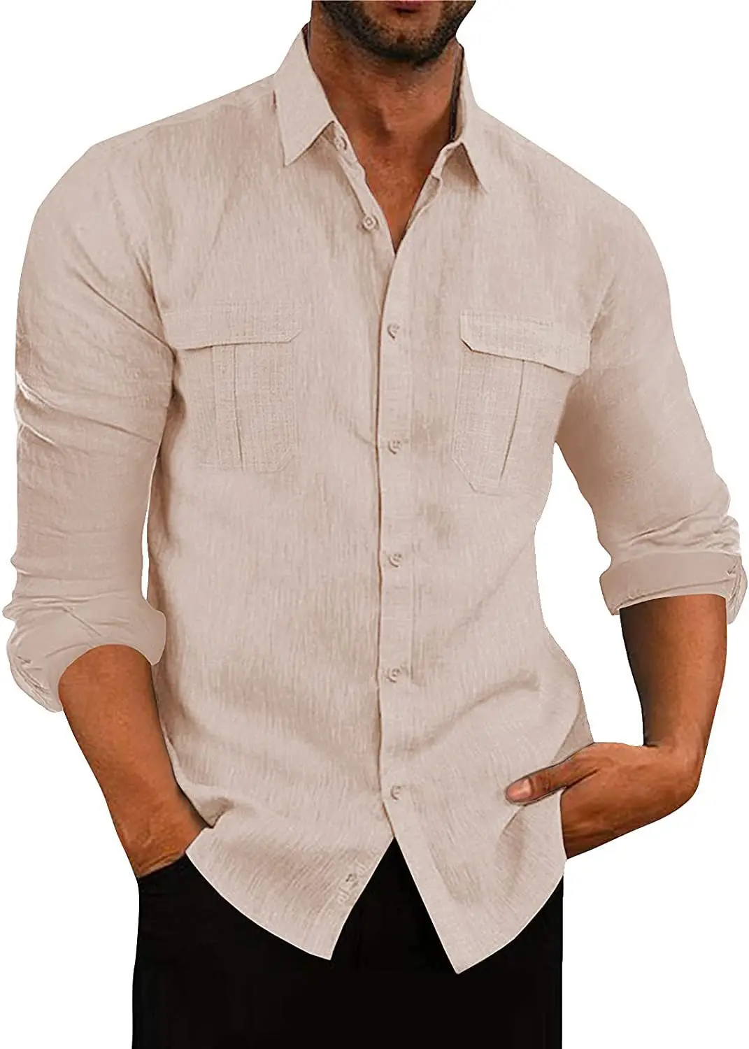 

Mens Long Sleeve Button Down Shirt with Chest Pockets Casual Lightweight Work Top for Daily Wear