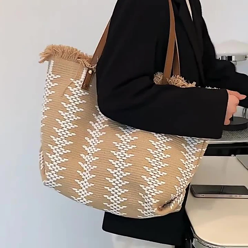 Women's Casual Large Capacity Canvas Tote Bag Tassel Fringe Top Handle Underarm Shoulder for Beach Travel Shopping Commute