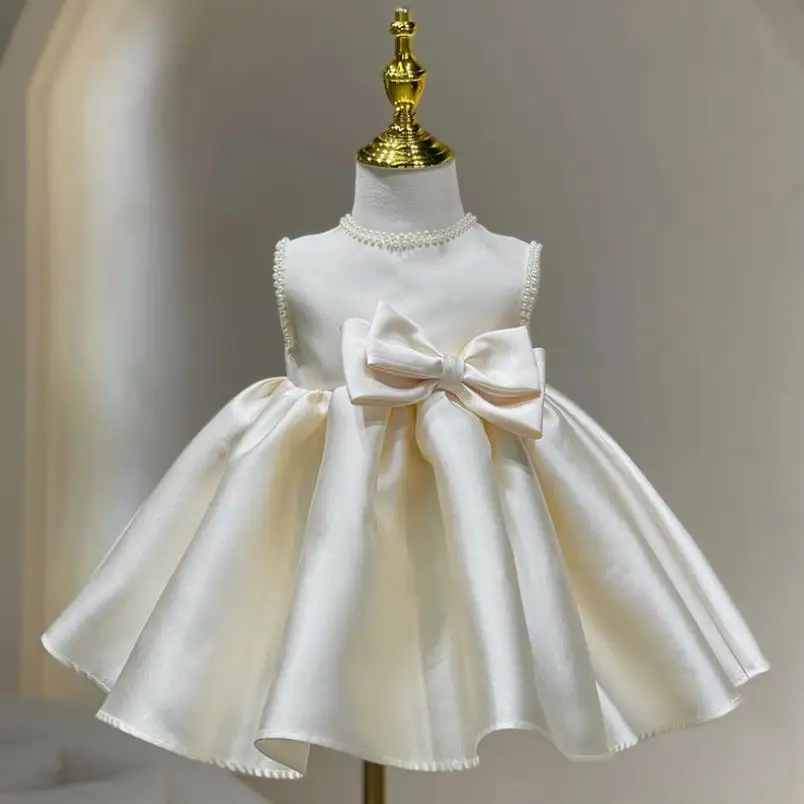 

Children's Princess Evening Gown Bow Pearl Sleeveless Design Wedding Birthday Baptism Party Girls Dresses For Eid Easter A2542