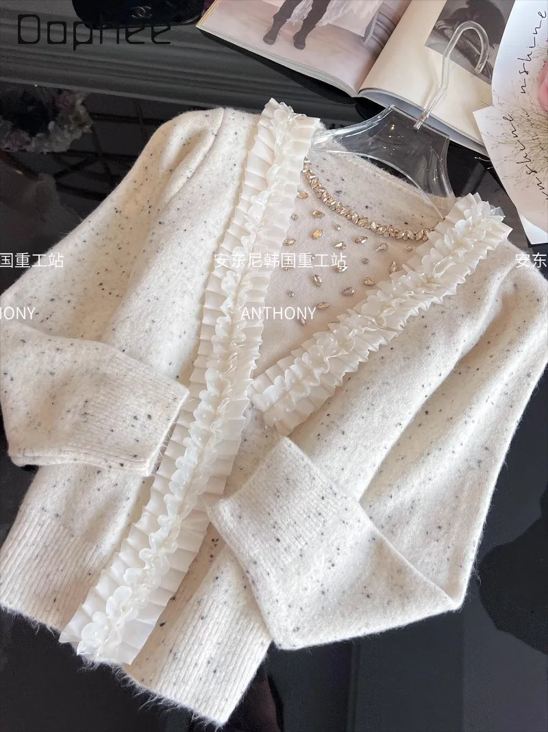 

Осень-зима, новый вязаный кардиган из двух предметов с рюшами и бисером, модный тонкий укороченный кардиган во французском стиле с v-образным вырезом, женский топ