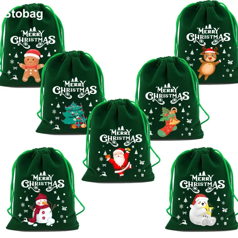 

StoBag 5pcs Merry Christmas Velvet Bags Drawstring Candy Gift Packaging Small Storage Child Kids Pocket Pouches Party Favors