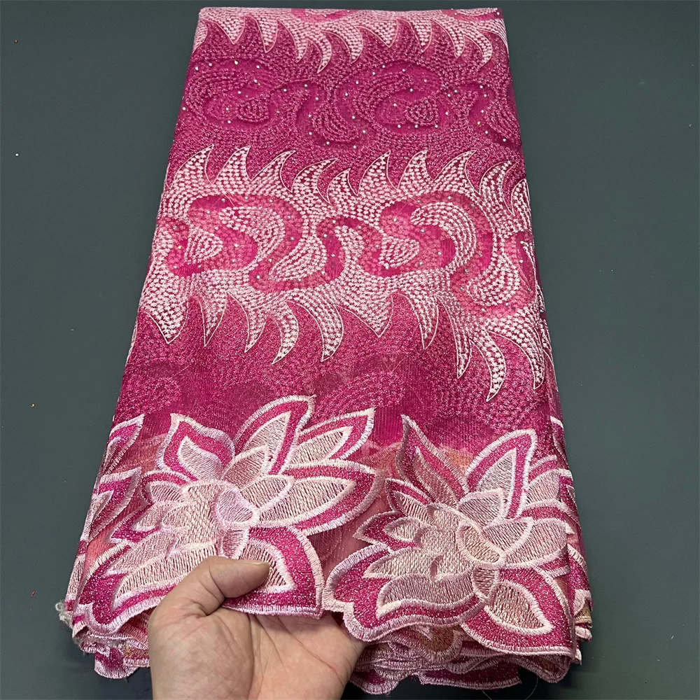 

Африканская нигерийская хлопковая вышивка с блестками, кружевная ткань из органзы, тюль, свадебное платье, высокое качество, 5 ярдов, 2025, zj055