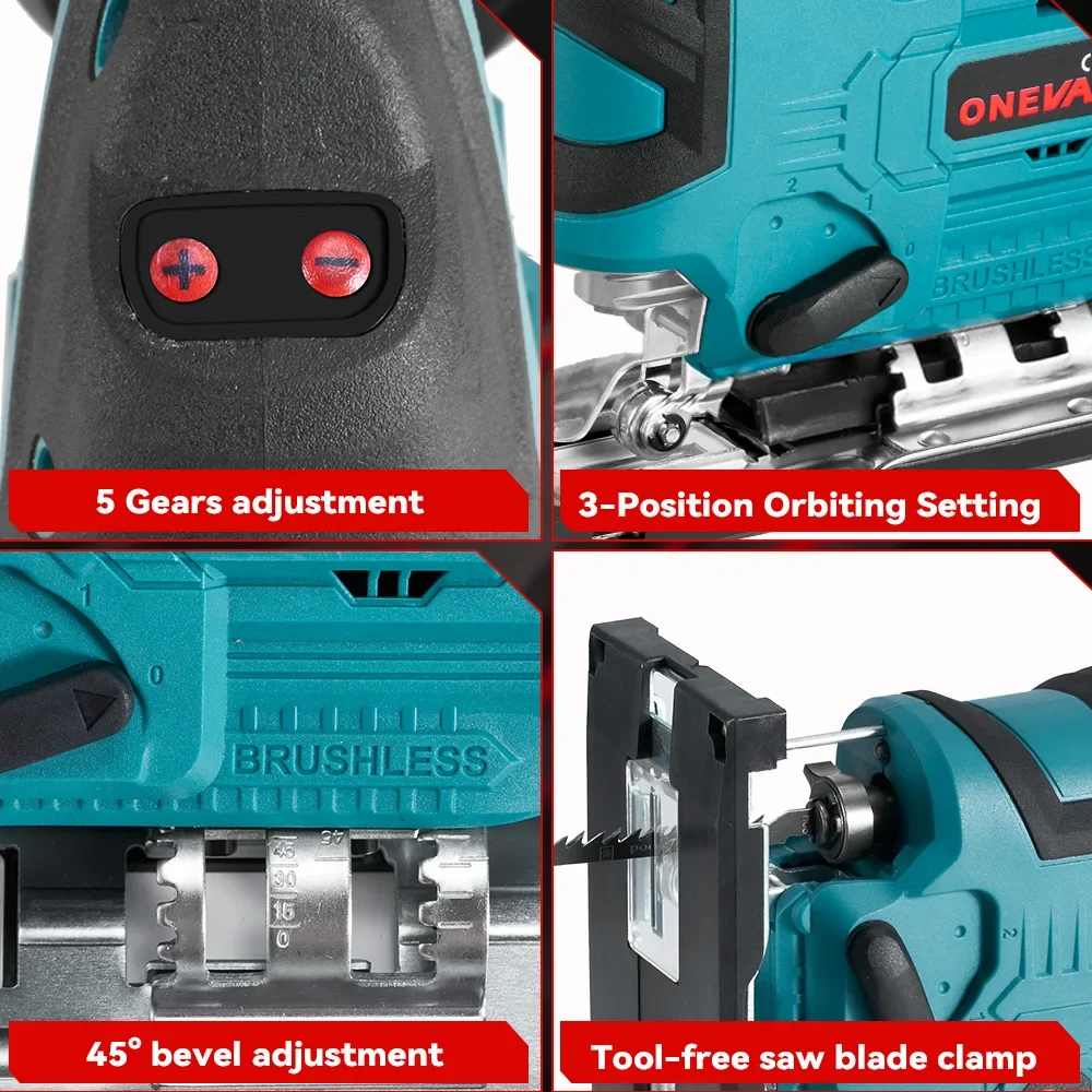 Brushless Electric Jig Saw 1000W 3500RPM Cordless Jigsaw Angle Adjustable 3-Speed Woodworking Power Tool for Makita 18V Battery