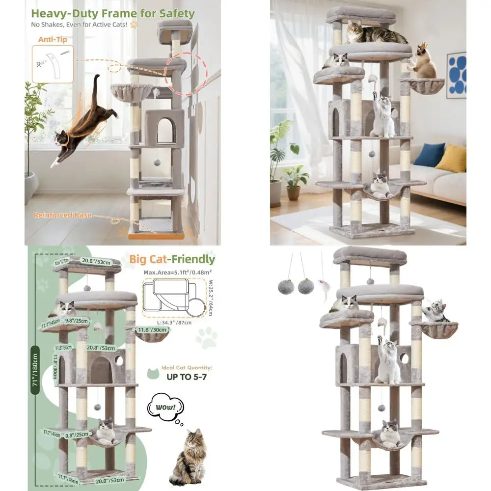 

Большое кошачье дерево 71 для кошек более 20 фунтов, 3 больших жернова, многоуровневая башня, 9 когтеточек, широкая кондоминирование, плюшевый гамак и корзина,