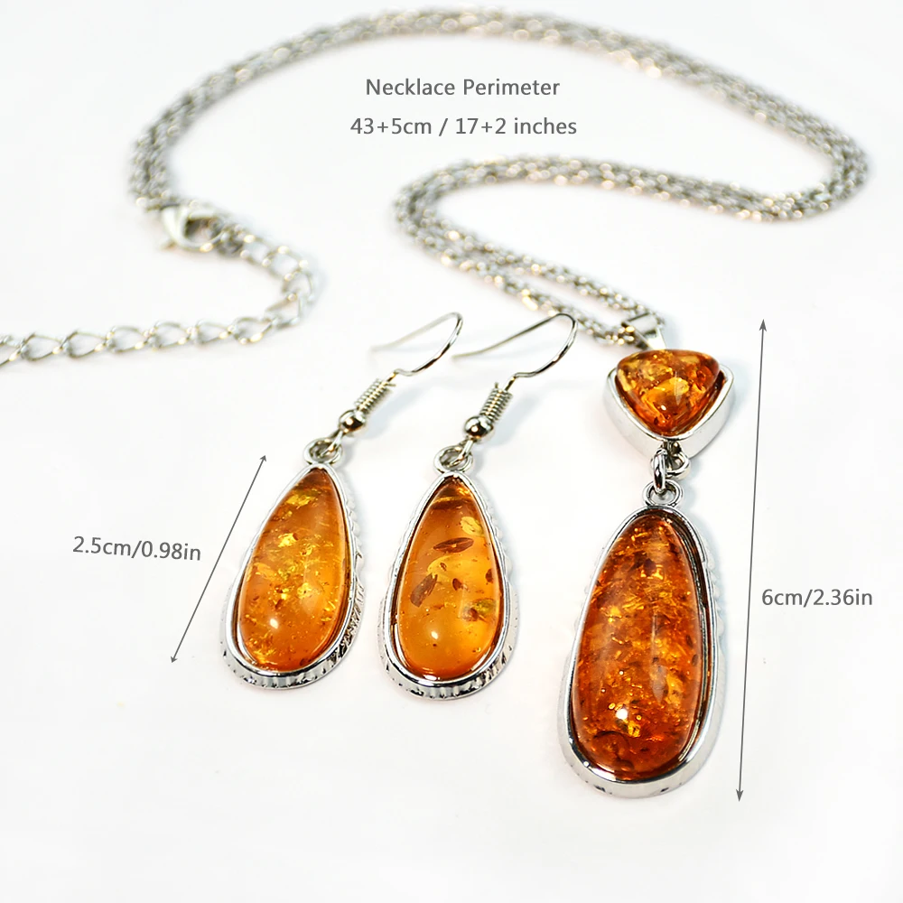 Vintage Accessories Imitation Amber Water Drop Necklace Earrings Geometric Sweater Chain Women\'s Fashion Classic Jewelry