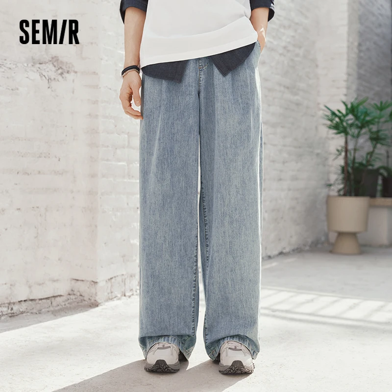 Semir Men Pants Denim Cotton Skin Friendly Loose Wide Leg Elastic Waist Drawstring Micro Pleated 2026 Summer Casual Style Fashio